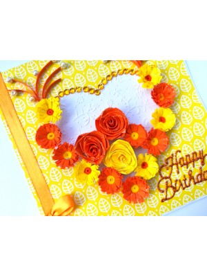 Yellow Themed Quilled Flowers in Heart Greeting Card Yellow Themed Quilled Flowers in Heart Greeting Card