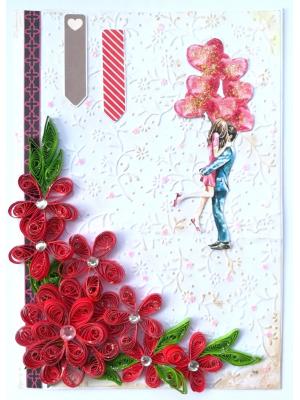 Quilled Red Flowers Corner Couple Card Quilled Red Flowers Corner Couple Card