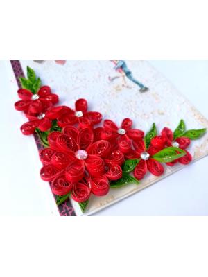 Quilled Red Flowers Corner Couple Card Quilled Red Flowers Corner Couple Card