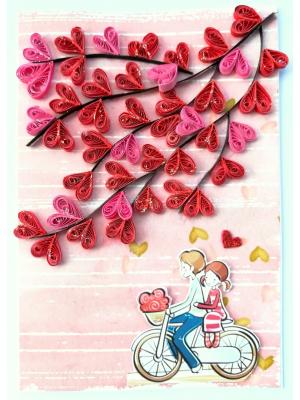 Quilled Hearts Tree With Love Couple Greeting Card