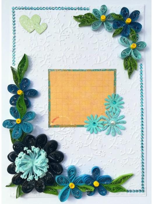 Blue Quilled Corner Flowers Greeting card - D1