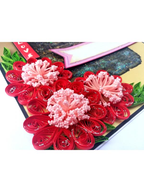 Sparkling Quilled Red Flowers Love Greeting Card 