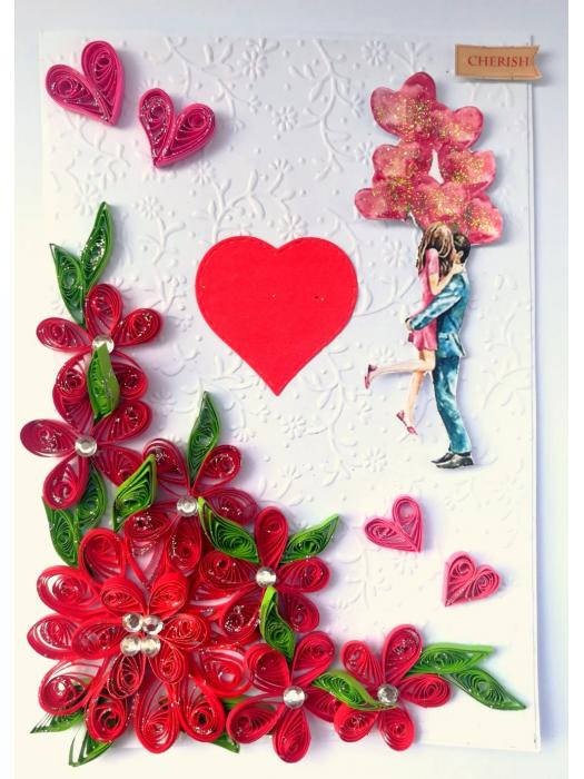 Red Quilled Flowers Birthday Greeting Card - D1