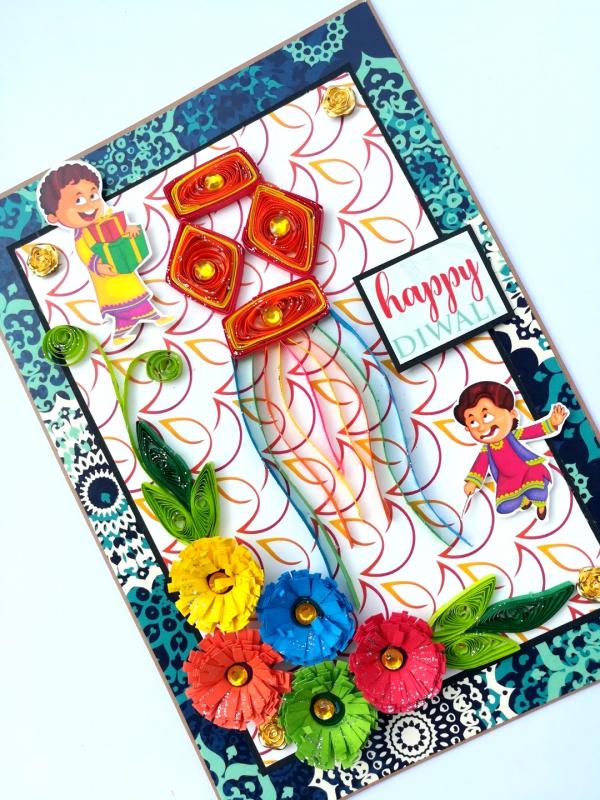 Sparkling Handmade Quilled Diwali Greeting Card D5 image