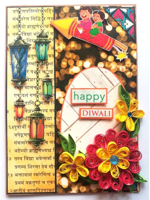 Sparkling Handmade Quilled Diwali Greeting Card D7 image