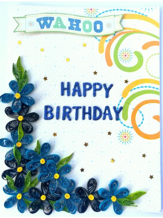 Blue Quilled Corner Flowers Birthday Greeting card -B1 image