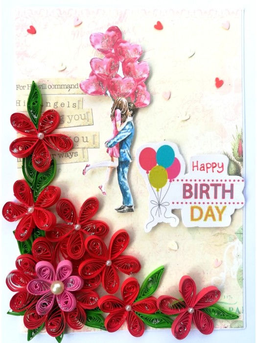 Red Quilled Flowers Birthday Greeting Card - D4