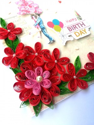 Red Quilled Flowers Birthday Greeting Card - D4 Red Quilled Flowers Birthday Greeting Card - D4