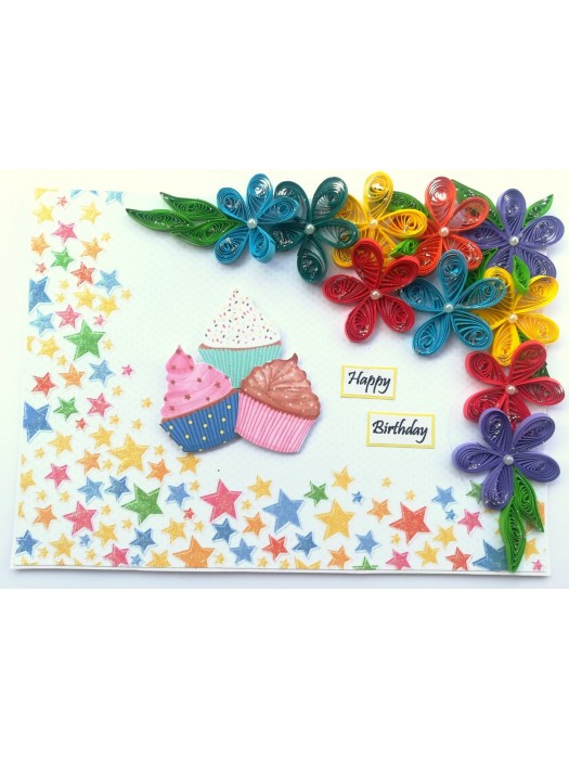 Quilled Corner Flowers Birthday Greeting card - BIR4