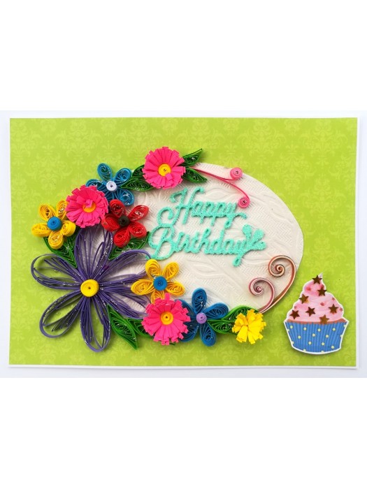 Green Quilled Themed Flowers Birthday Greeting card