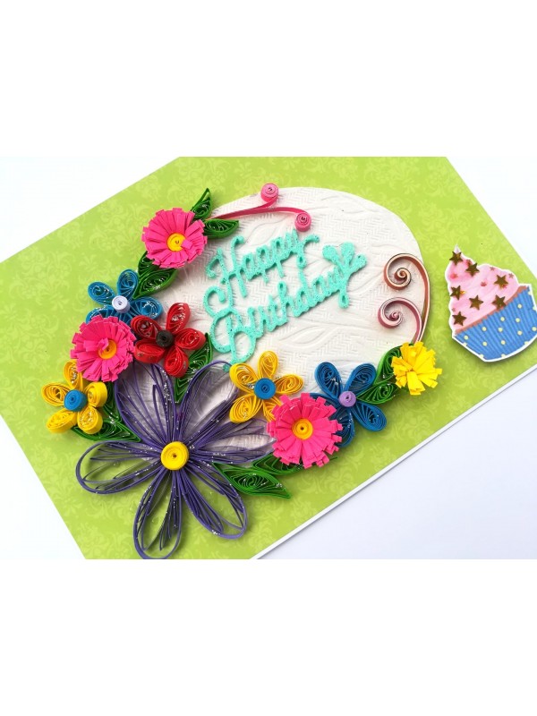 Green Quilled Themed Flowers Birthday Greeting card