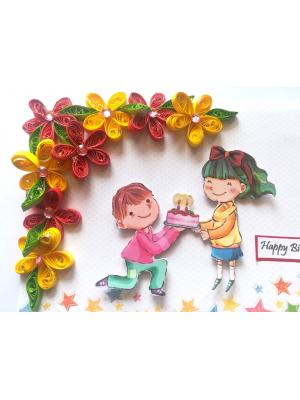 Quilled Corner Flowers Birthday Greeting card - BIR1 Quilled Corner Flowers Birthday Greeting card - BIR1