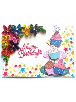 Quilled Corner Flowers Birthday Greeting card - BIR2 Quilled Corner Flowers Birthday Greeting card - BIR2