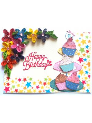 Quilled Corner Flowers Birthday Greeting card - BIR2 Quilled Corner Flowers Birthday Greeting card - BIR2
