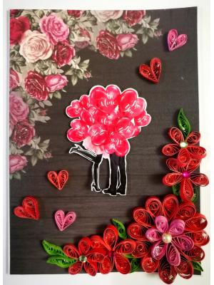 Quilled Red Flowers Corner Couple Card -D4 Quilled Red Flowers Corner Couple Card -D4