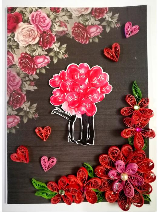 Quilled Red Flowers Corner Couple Card -D4