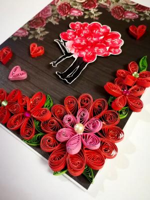 Quilled Red Flowers Corner Couple Card -D4 Quilled Red Flowers Corner Couple Card -D4