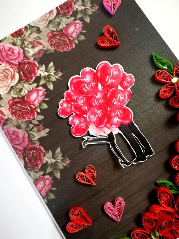 Quilled Red Flowers Corner Couple Card -D4