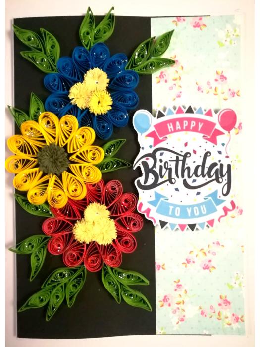 Sparkling Quilled Flowers Birthday Greeting Card -D6