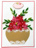 Red themed Quilled Flowers in Vase Greeting Card