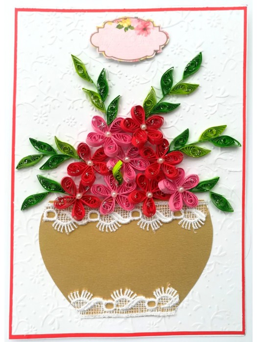 Red themed Quilled Flowers in Vase Greeting Card image