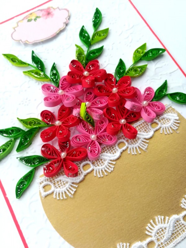 Red themed Quilled Flowers in Vase Greeting Card image