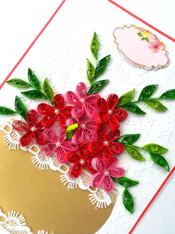 Red themed Quilled Flowers in Vase Greeting Card image