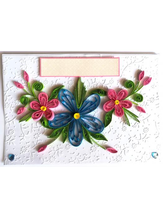 Blue and Pink Quilled Flowers Greeting Card image