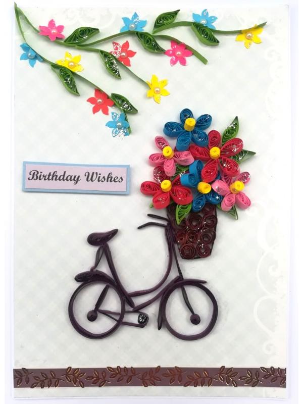 Quilled Cycle With Flowers Birthday Greeting Card image