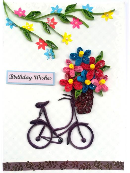 Quilled Cycle With Flowers Birthday Greeting Card image