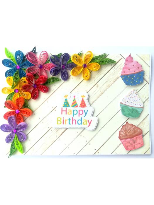 Quilled Corner Flowers Birthday Greeting card - BIR4