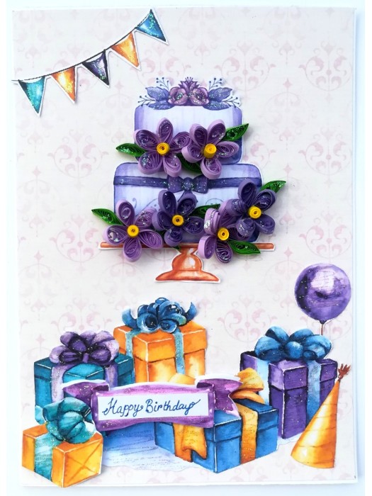 Purple Quilled Birthday Cake Greeting Card