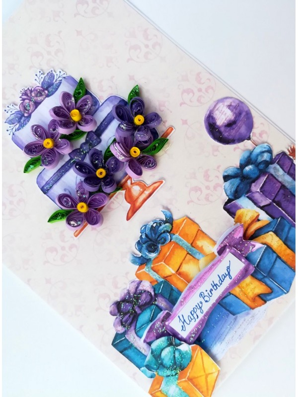 Purple Quilled Birthday Cake Greeting Card