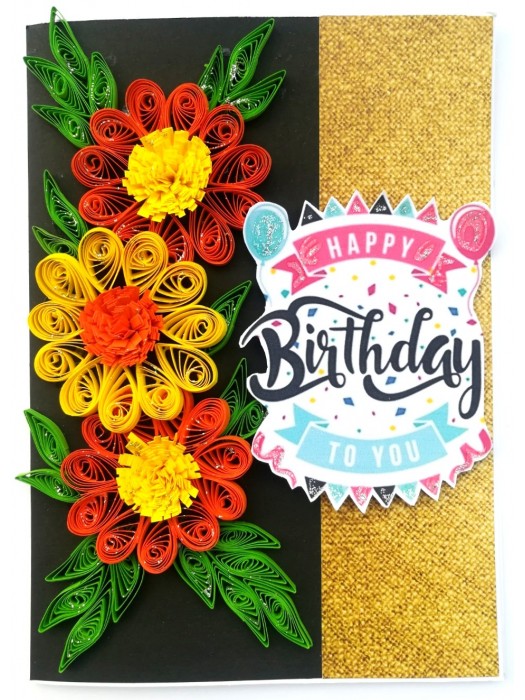 Sparkling Orange & Yellow Quilled Flowers Birthday Card image