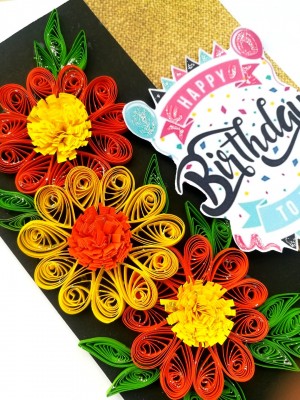Sparkling Orange & Yellow Quilled Flowers Birthday Card Sparkling Orange & Yellow Quilled Flowers Birthday Card