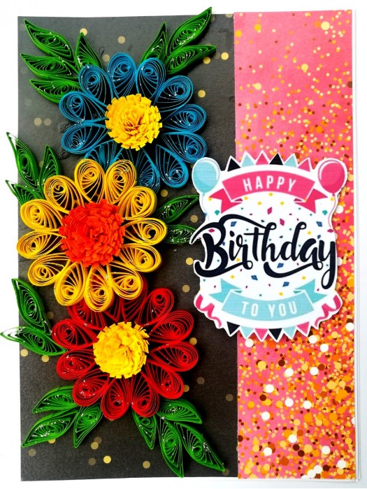 Sparkling Multicolored Quilled Flowers Birthday Card