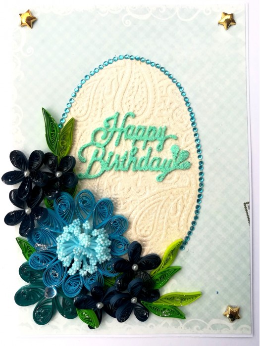 Blue Quilled Corner Flowers Birthday Greeting Card image