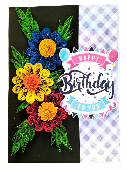 Sparkling Quilled Flowers Birthday Greeting Card -D8