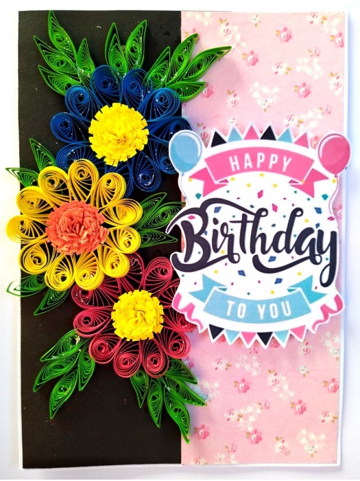 Sparkling Quilled Flowers Birthday Greeting Card -D7