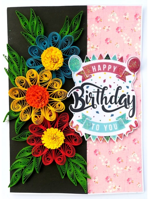 Sparkling Multicolored Quilled Flowers Birthday Card