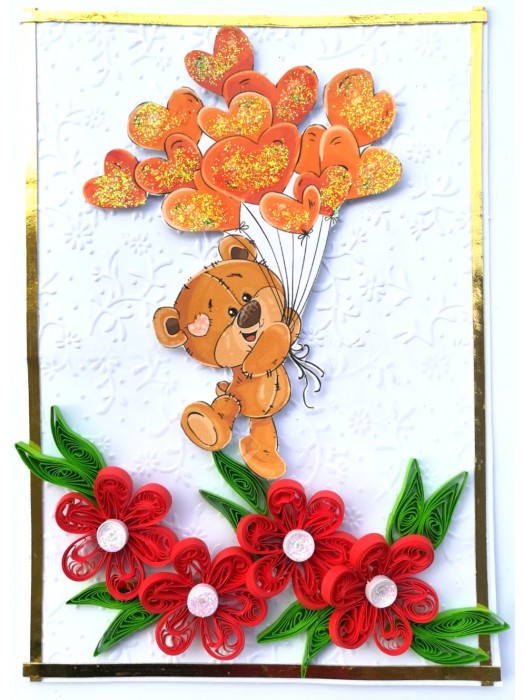 Balloon and Red Quilled Flowers Birthday Card image