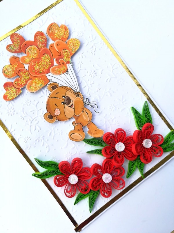 Balloon and Red Quilled Flowers Birthday Card image