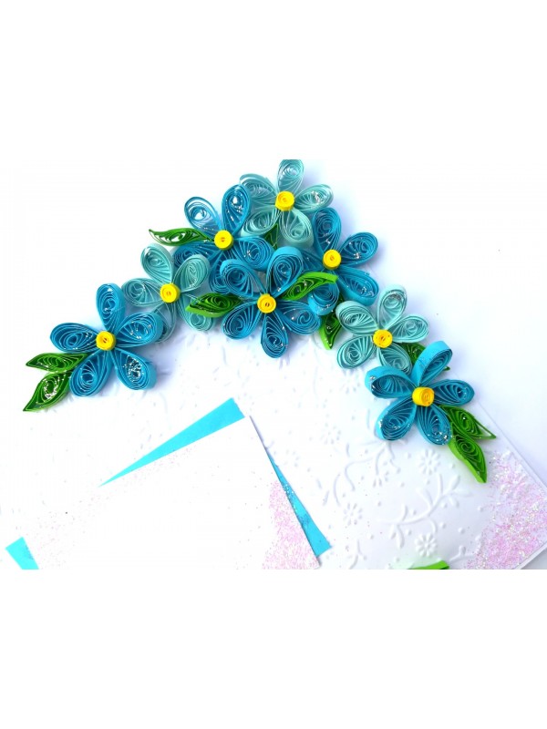 Quilled Blue Corner Flowers Greeting Card