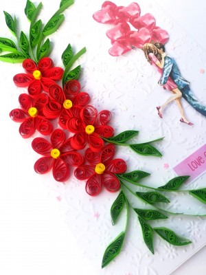 Quilled Red Flowers Love Couple Card Quilled Red Flowers Love Couple Card