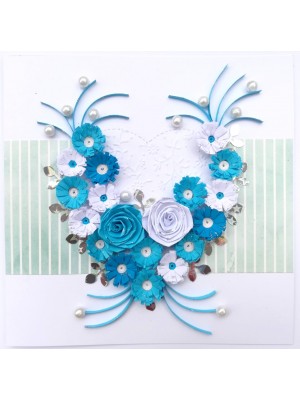 Blue Themed Quilled Flowers in Heart Greeting Card Blue Themed Quilled Flowers in Heart Greeting Card
