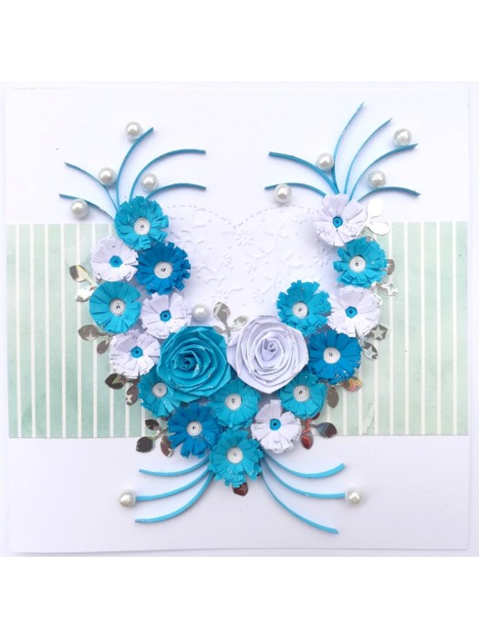 Blue Themed Quilled Flowers in Heart Greeting Card image