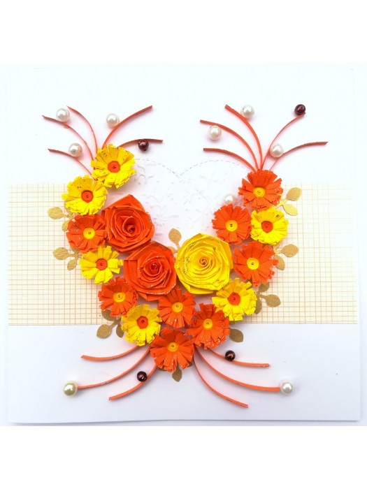 Yellow Themed Quilled Flowers in Heart Greeting Card