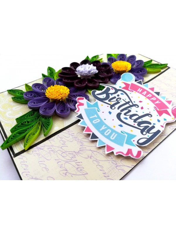 Sparkling Purple Themed Quilled Flowers Birthday Card image