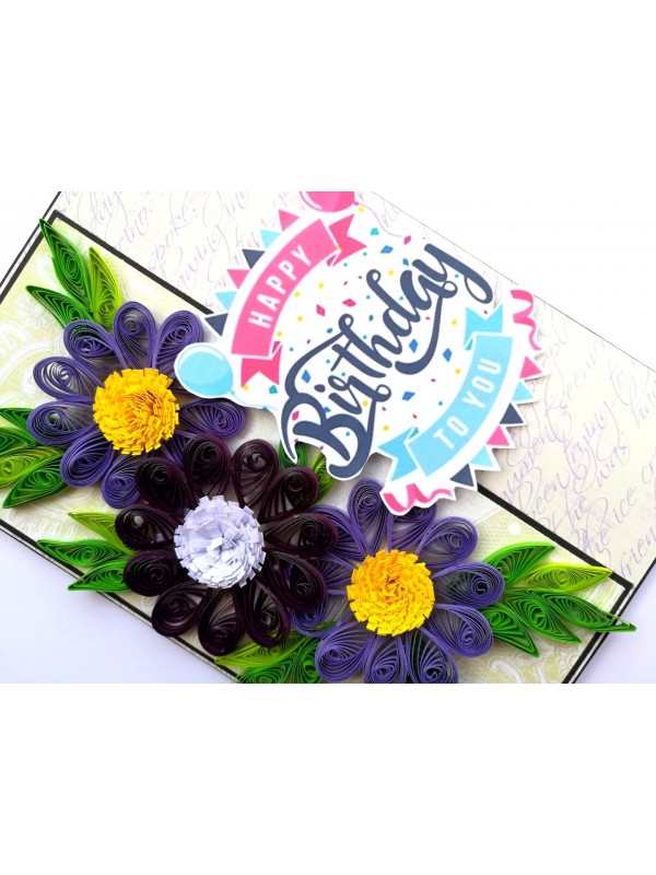 Sparkling Purple Themed Quilled Flowers Birthday Card image