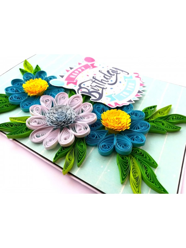 Sparkling Blue Quilled Flowers Birthday Card